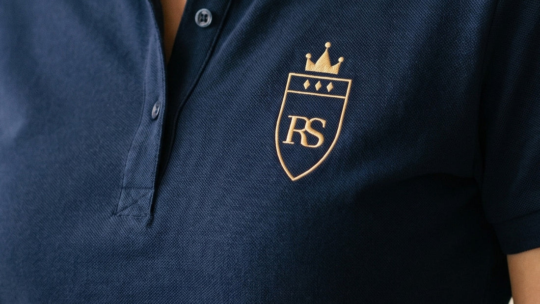 Gros plan de la broderie du monogramme RS, fil doré sur piqué de coton marine — Maison Sahari