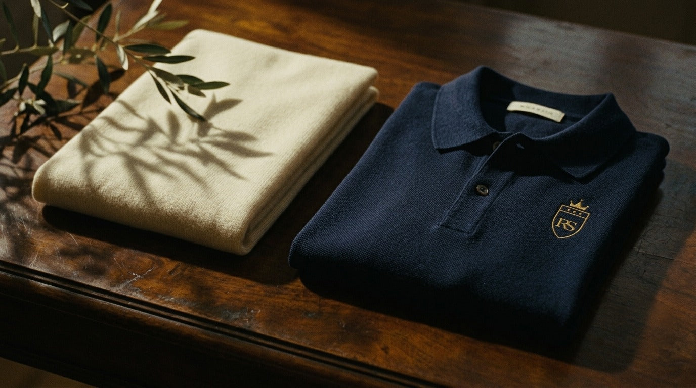 Maille écrue pliée et polo marine brodé RS sur une table en bois — l'esprit quiet luxury Maison Sahari