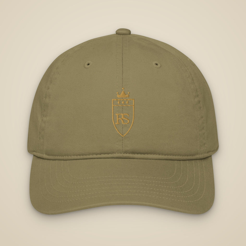 Casquette brodée RS Kaki brodée du monogramme RS, vue de face sur fond pierre — Maison Sahari