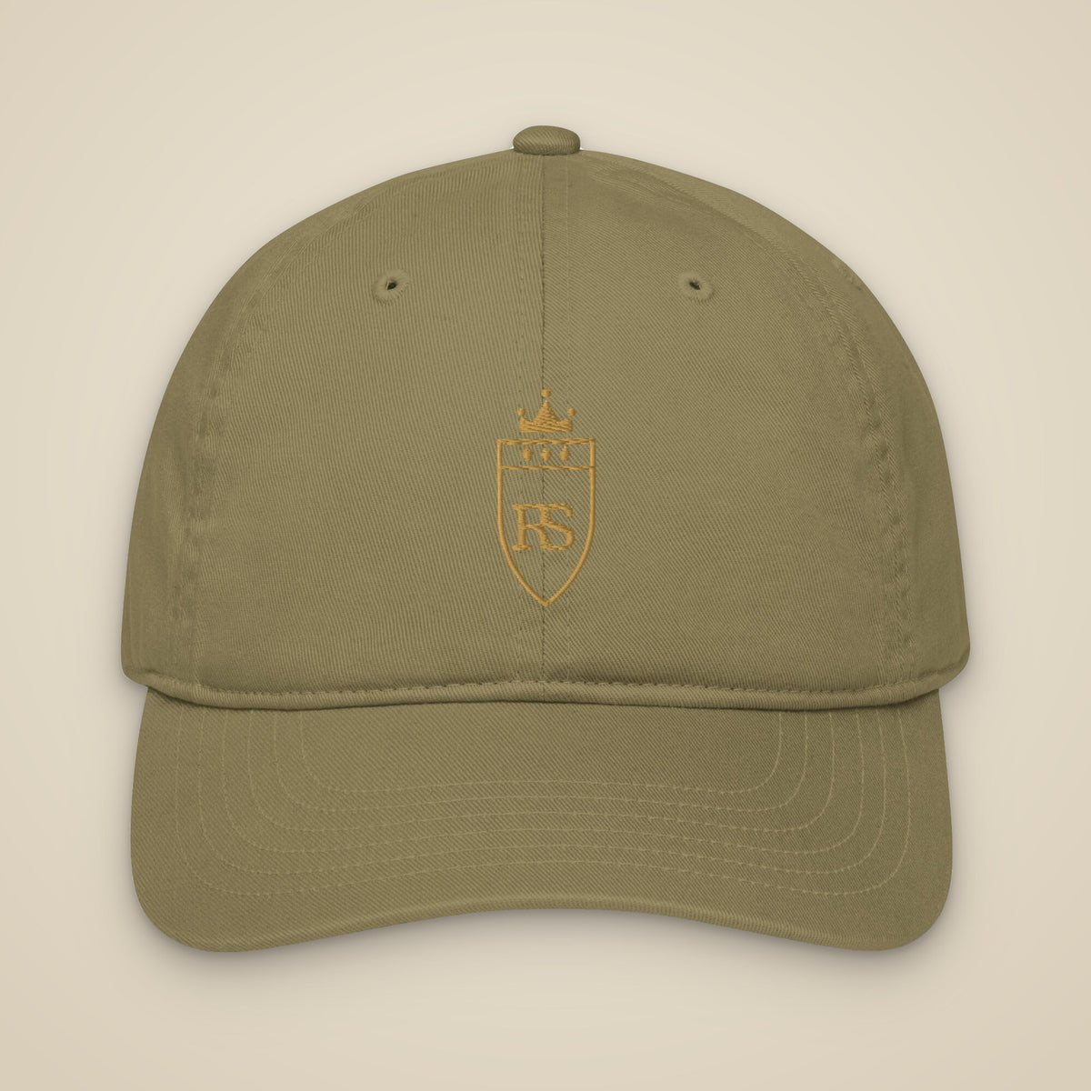 Casquette brodée RS Kaki brodée du monogramme RS, vue de face sur fond pierre — Maison Sahari