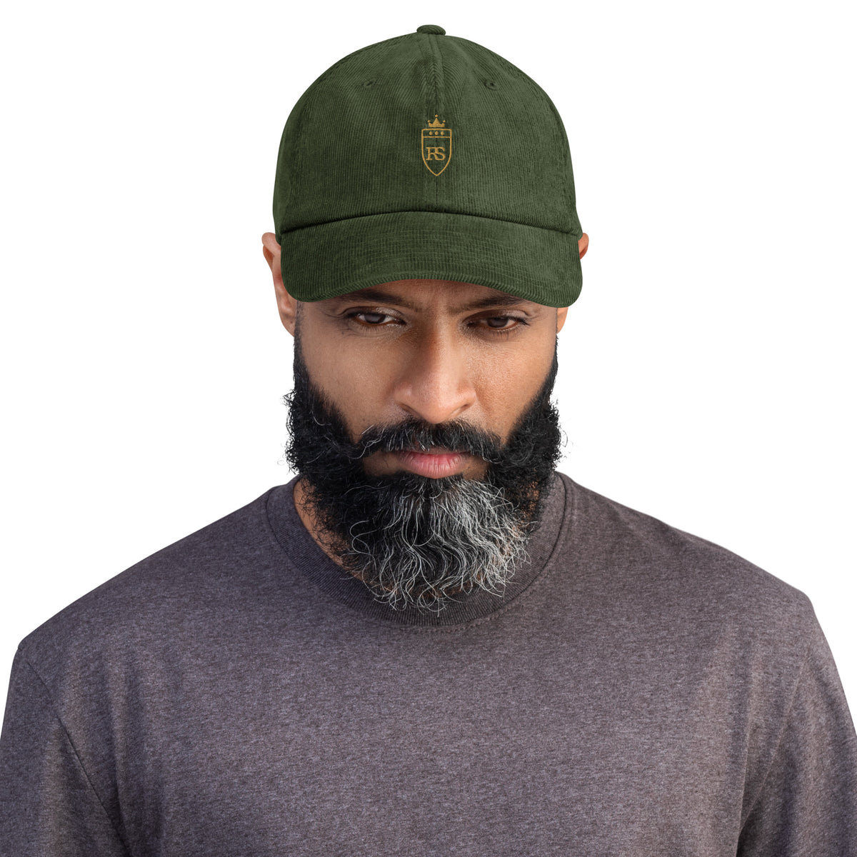 Casquette en velours côtelé Olive, vue de face — Maison Sahari