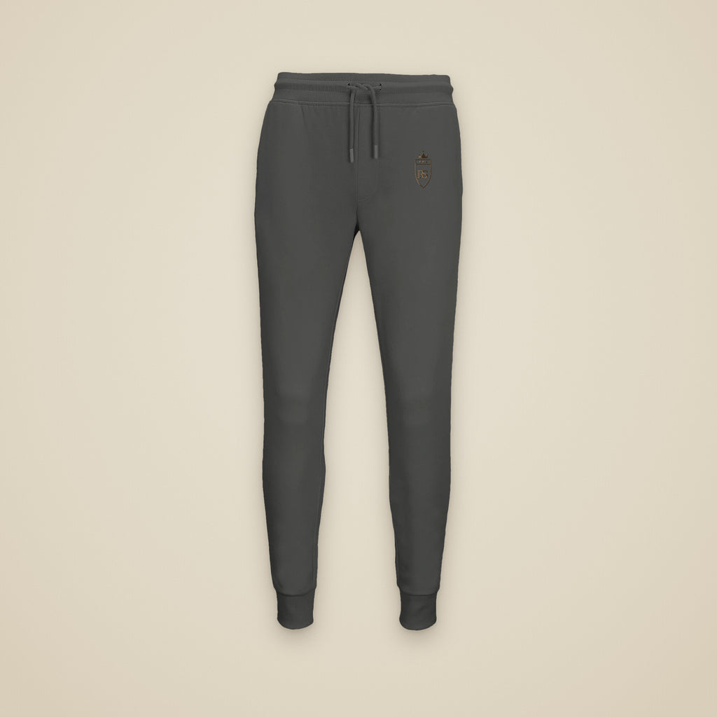 Jogging Anthracite chiné brodé du monogramme RS, vue de face sur fond pierre — Maison Sahari