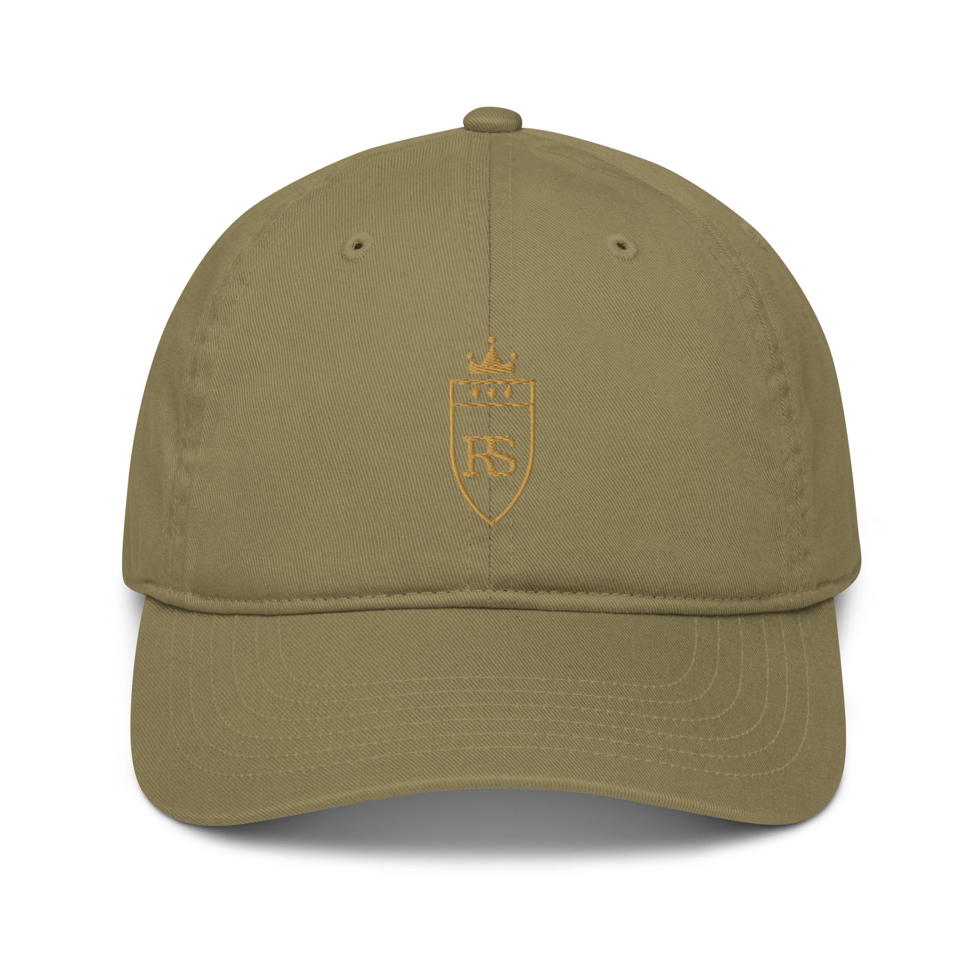 Casquette brodée du monogramme RS, coloris vert jungle, vue de face — Maison Sahari