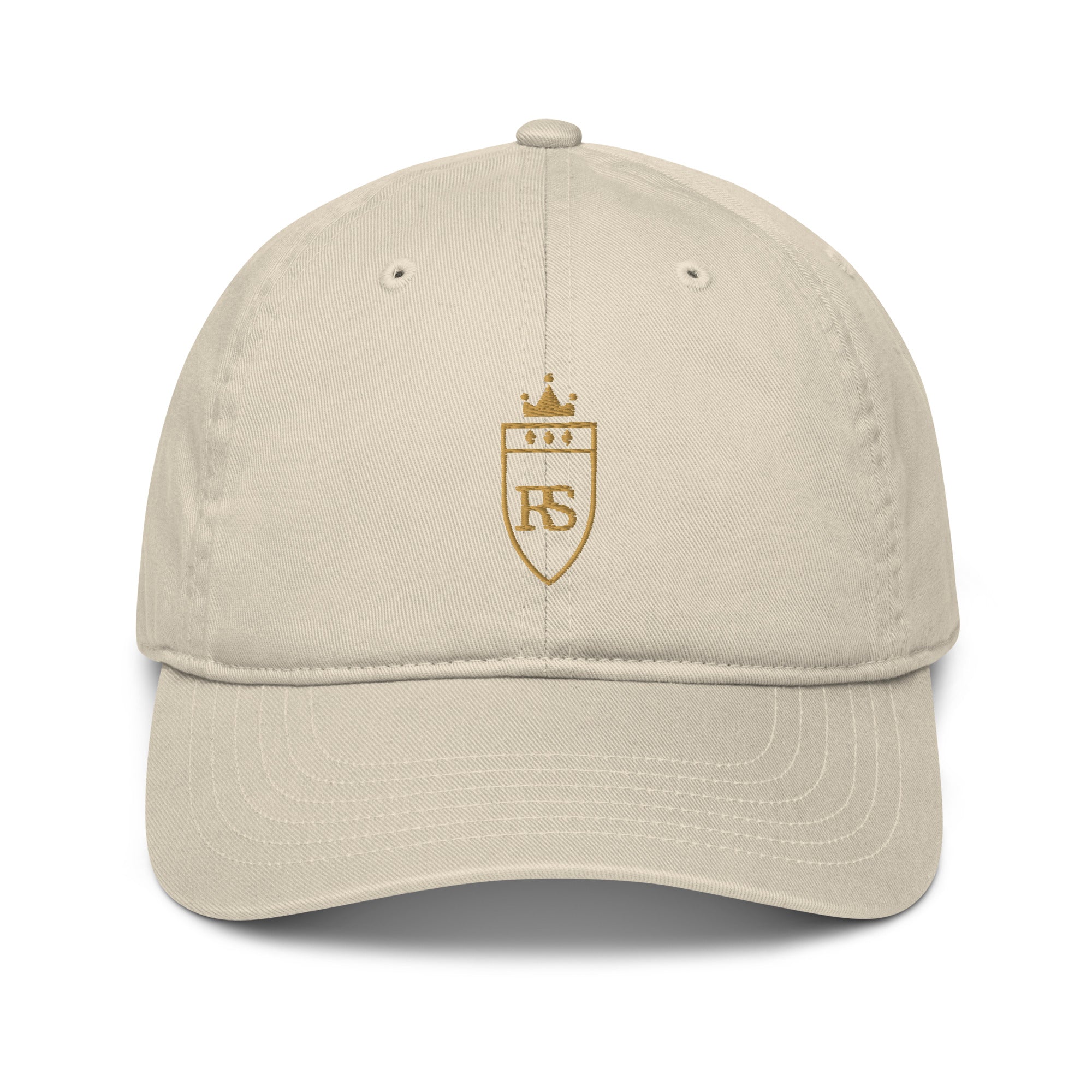 Casquette brodée du monogramme RS, coloris écru, vue de face — Maison Sahari