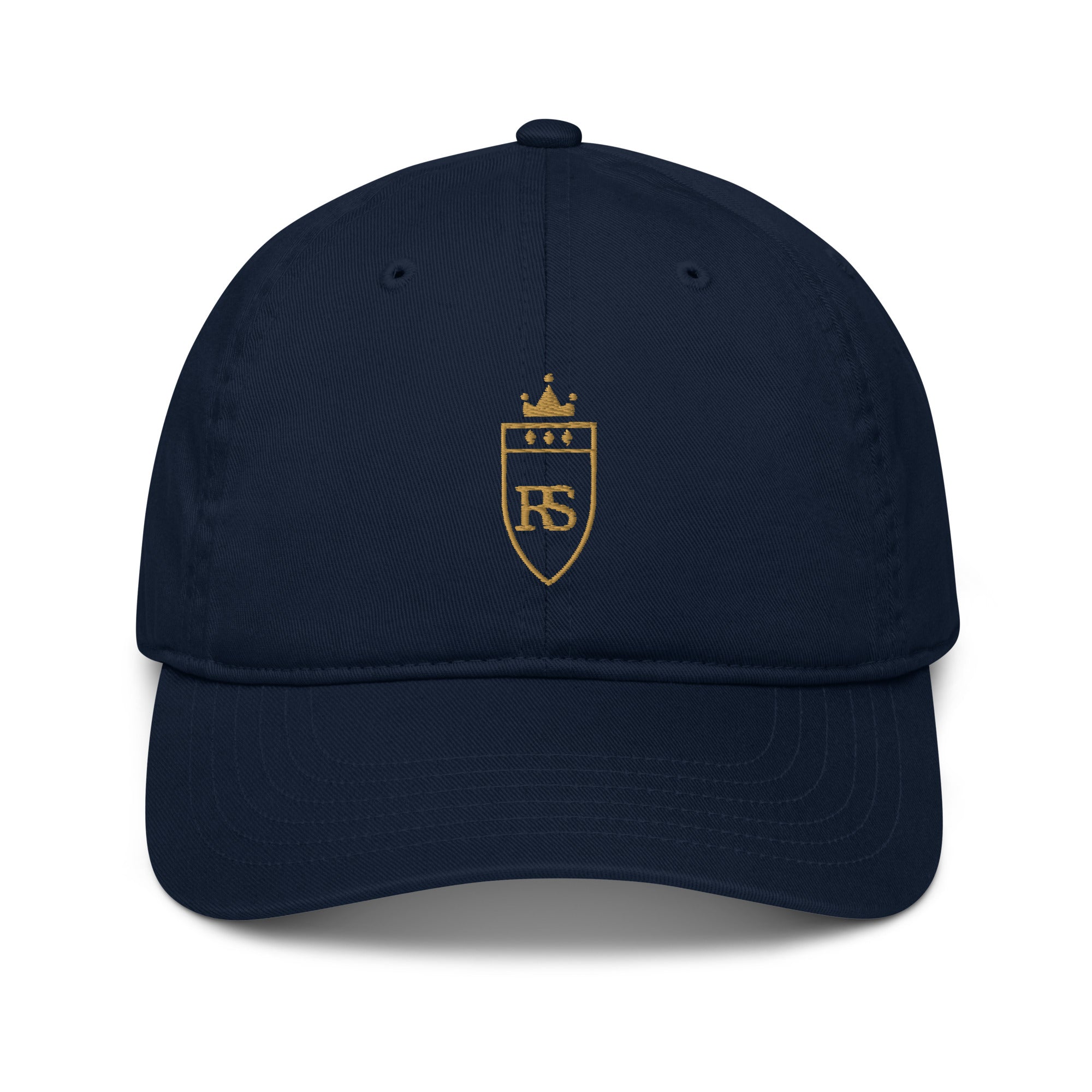 Casquette brodée du monogramme RS, coloris bleu pacifique, vue de face — Maison Sahari