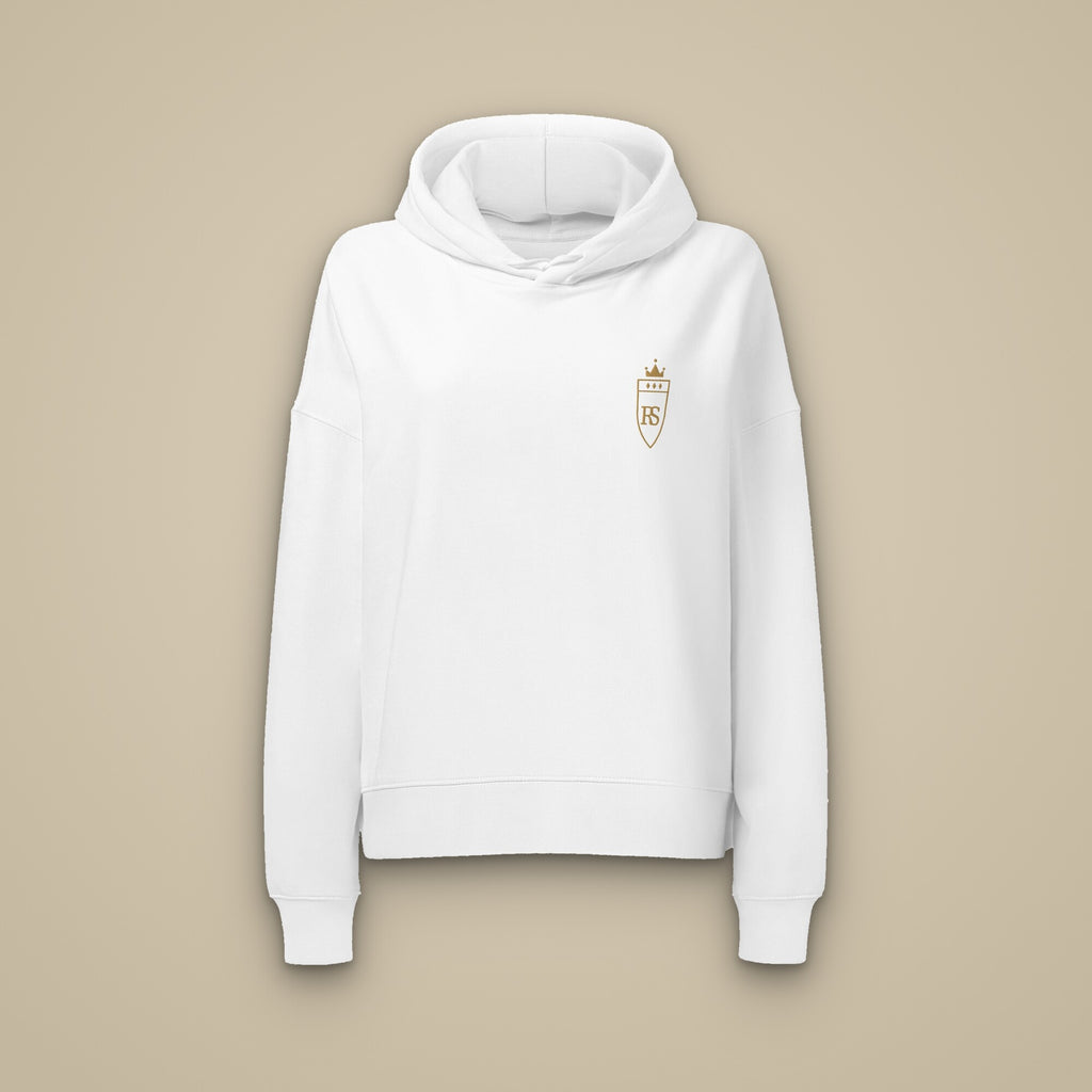 Sweat à capuche femme blanc brodé du monogramme RS, vue de face sur fond pierre — Maison Sahari