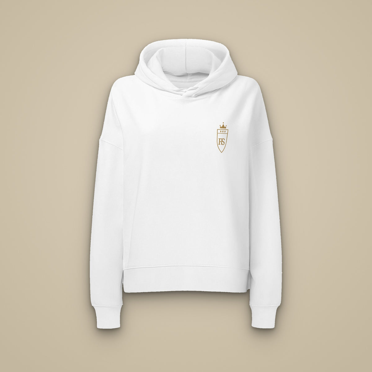 Sweat à capuche femme blanc brodé du monogramme RS, vue de face sur fond pierre — Maison Sahari