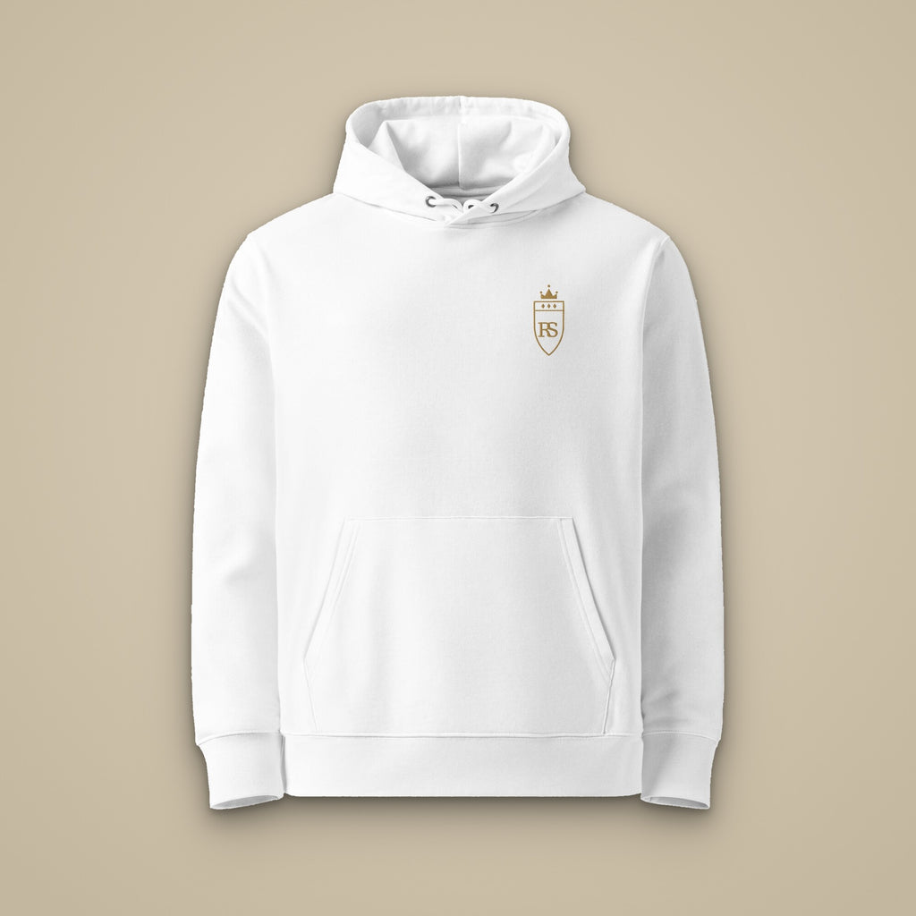 Sweat à capuche Blanc brodé du monogramme RS, vue de face sur fond pierre — Maison Sahari