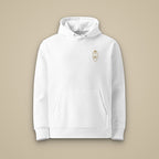 Sweat à capuche Blanc brodé du monogramme RS, vue de face sur fond pierre — Maison Sahari