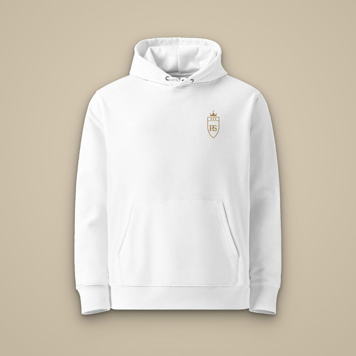 Sweat à capuche Blanc brodé du monogramme RS, vue de face sur fond pierre — Maison Sahari