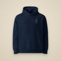 Sweat à capuche Marine brodé du monogramme RS, vue de face sur fond pierre — Maison Sahari