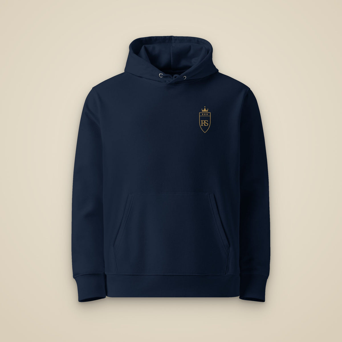 Sweat à capuche Marine brodé du monogramme RS, vue de face sur fond pierre — Maison Sahari