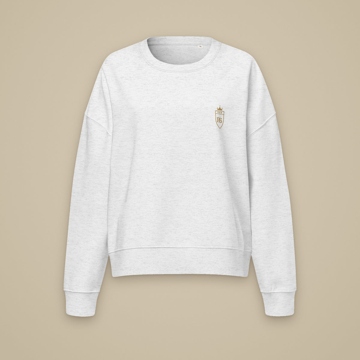 Sweat col rond femme Gris chiné clair brodé du monogramme RS, vue de face sur fond pierre — Maison Sahari
