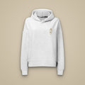 Sweat à capuche femme gris chiné clair brodé du monogramme RS, vue de face sur fond pierre — Maison Sahari
