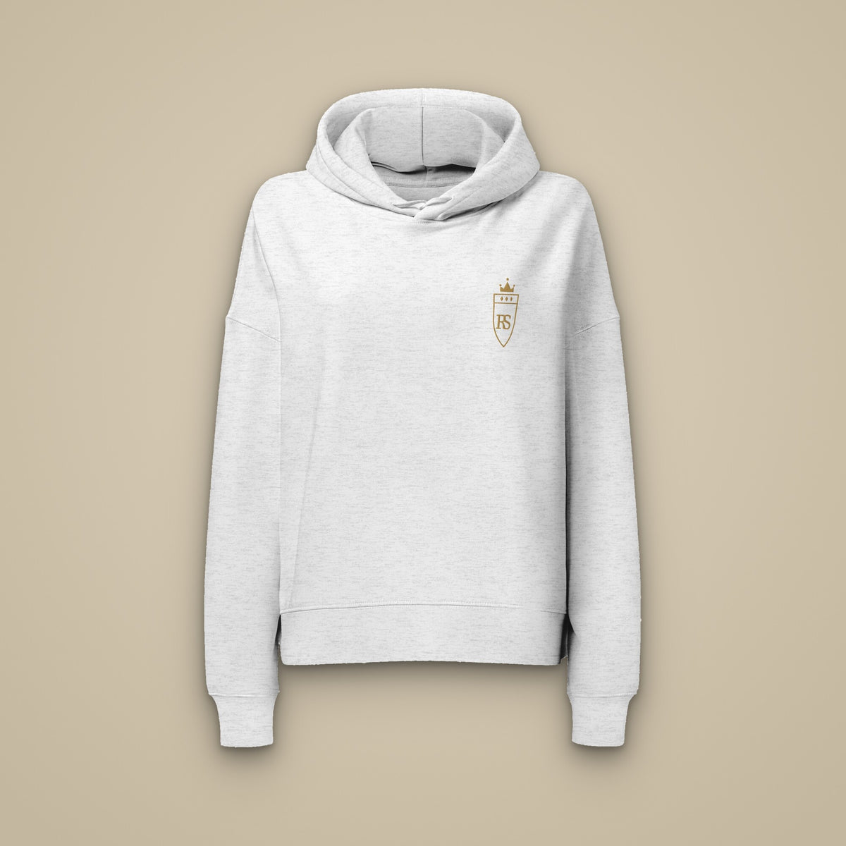 Sweat à capuche femme gris chiné clair brodé du monogramme RS, vue de face sur fond pierre — Maison Sahari