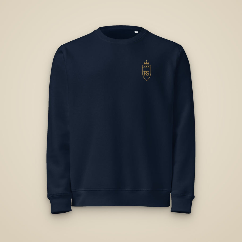 Sweat brodé RS Marine brodé du monogramme RS, vue de face sur fond pierre — Maison Sahari