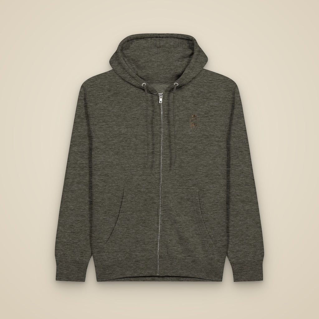 Sweat zippé Anthracite chiné brodé du monogramme RS, vue de face sur fond pierre — Maison Sahari