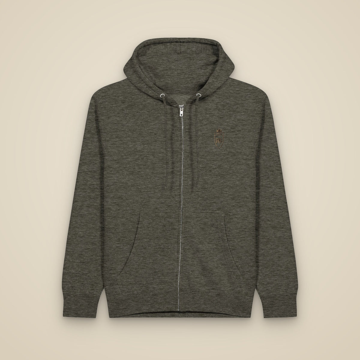 Sweat zippé Anthracite chiné brodé du monogramme RS, vue de face sur fond pierre — Maison Sahari