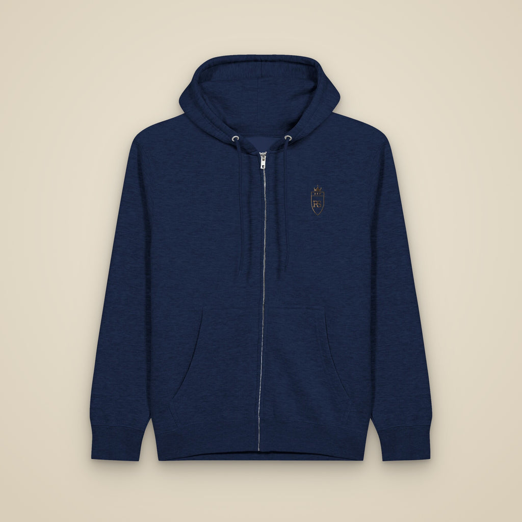 Sweat zippé Marine brodé du monogramme RS, vue de face sur fond pierre — Maison Sahari
