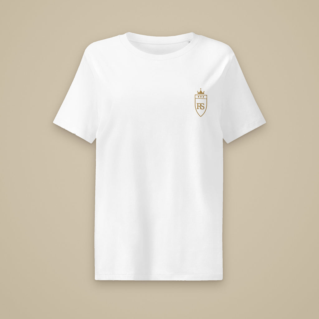 T-shirt femme col côtelé Blanc brodé du monogramme RS, vue de face sur fond pierre — Maison Sahari