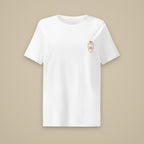 T-shirt femme col côtelé Blanc brodé du monogramme RS, vue de face sur fond pierre — Maison Sahari