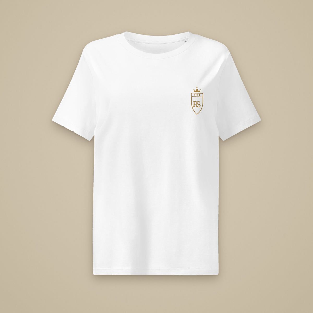 T-shirt femme col côtelé Blanc brodé du monogramme RS, vue de face sur fond pierre — Maison Sahari