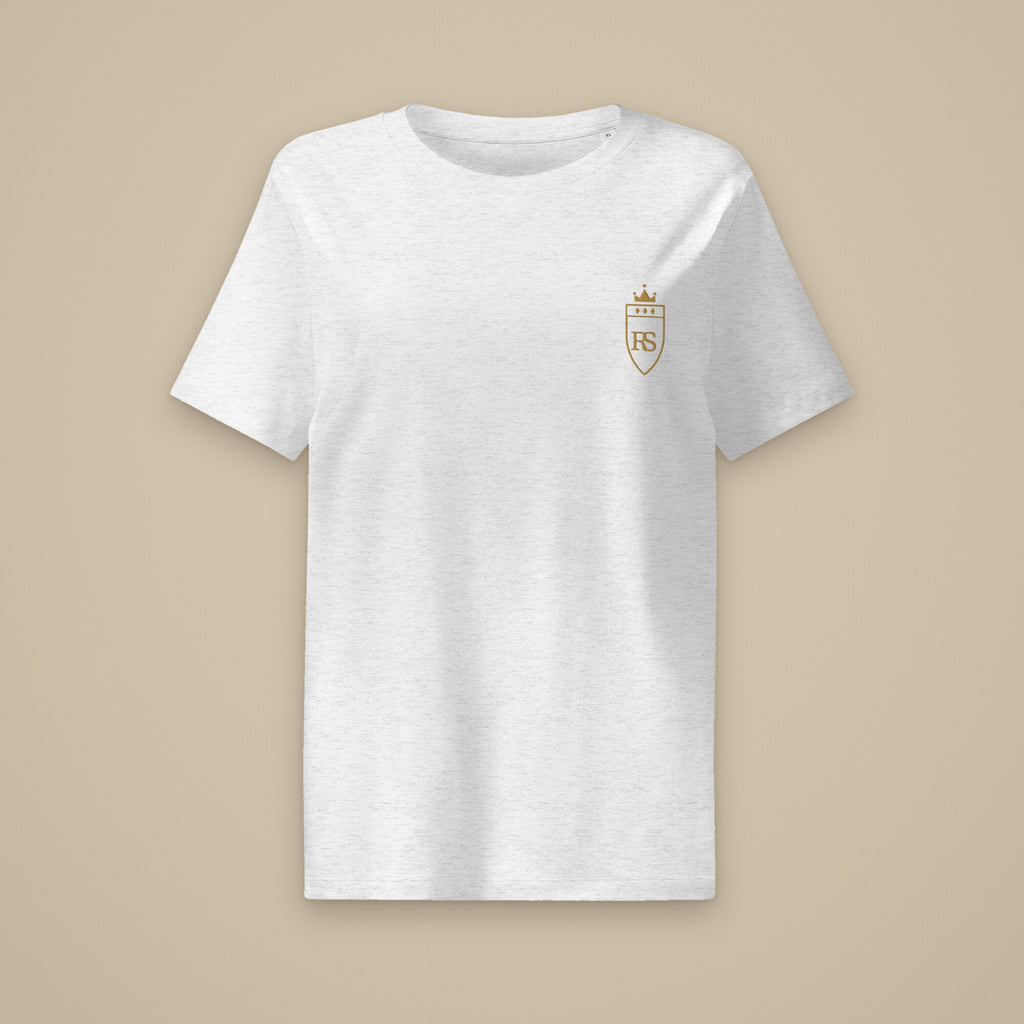 T-shirt femme col côtelé Gris chiné clair brodé du monogramme RS, vue de face sur fond pierre — Maison Sahari