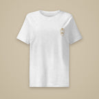 T-shirt femme col côtelé Gris chiné clair brodé du monogramme RS, vue de face sur fond pierre — Maison Sahari