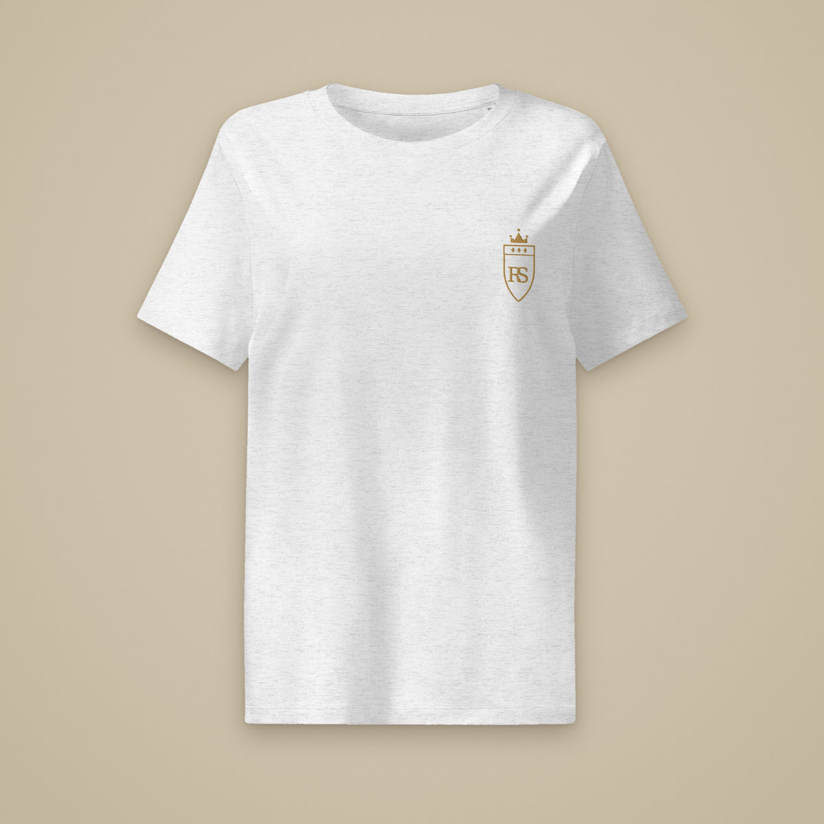 T-shirt femme col côtelé Gris chiné clair brodé du monogramme RS, vue de face sur fond pierre — Maison Sahari