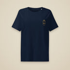 T-shirt femme col côtelé Marine brodé du monogramme RS, vue de face sur fond pierre — Maison Sahari