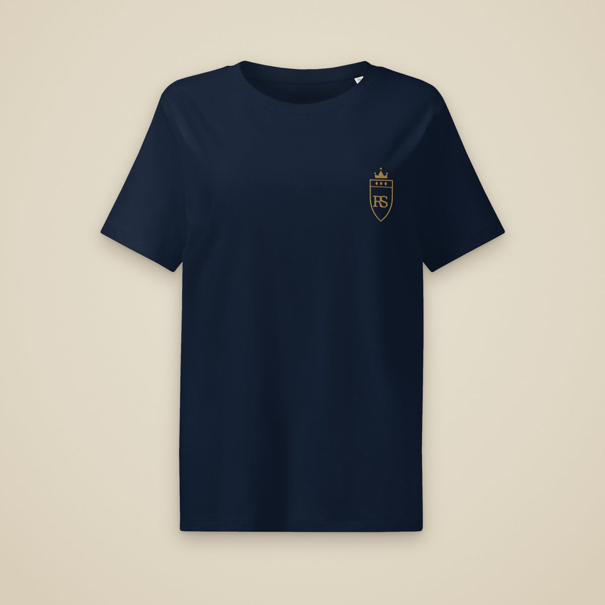 T-shirt femme col côtelé Marine brodé du monogramme RS, vue de face sur fond pierre — Maison Sahari