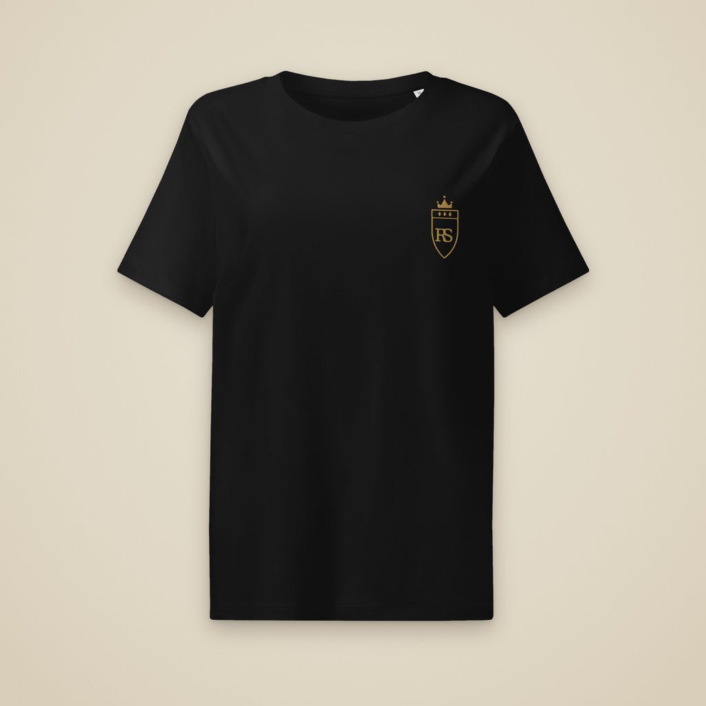 T-shirt femme col côtelé Noir brodé du monogramme RS, vue de face sur fond pierre — Maison Sahari