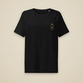 T-shirt femme col côtelé Noir brodé du monogramme RS, vue de face sur fond pierre — Maison Sahari