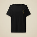 T-shirt femme col côtelé Noir brodé du monogramme RS, vue de face sur fond pierre — Maison Sahari